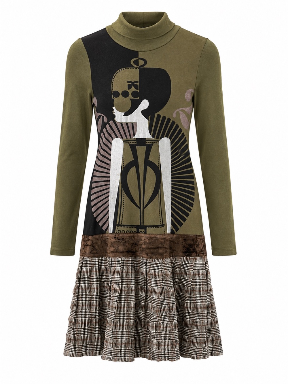Custo Barcelona Long-Sleeve Graphic Dress With Plaid Skirt Made In Spain - Picture 1 of 7